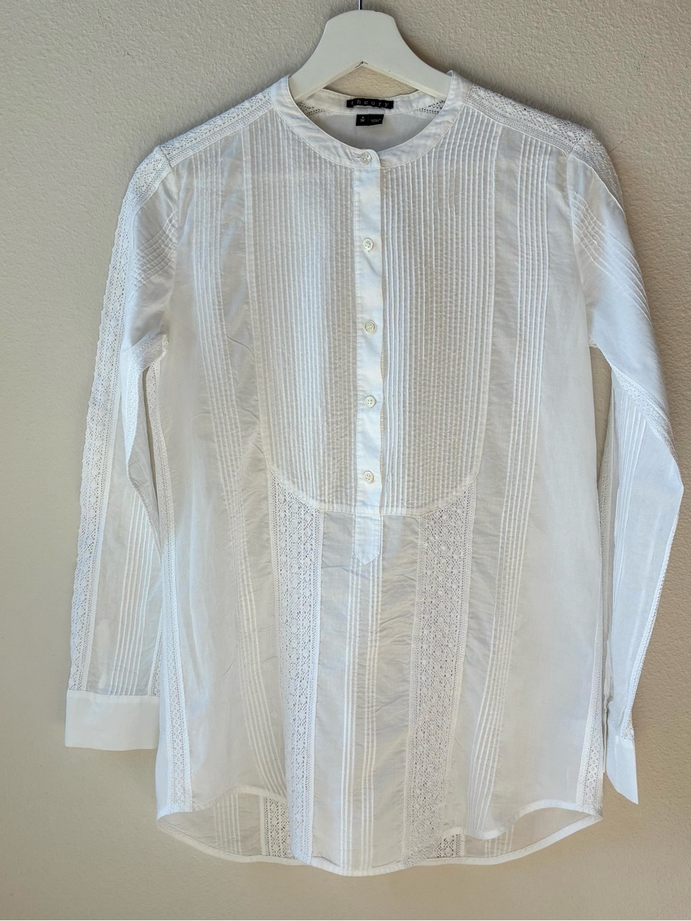 Theory 100% Cotton Pintuck Lace Victorian Blouse in White (Size: XSP)